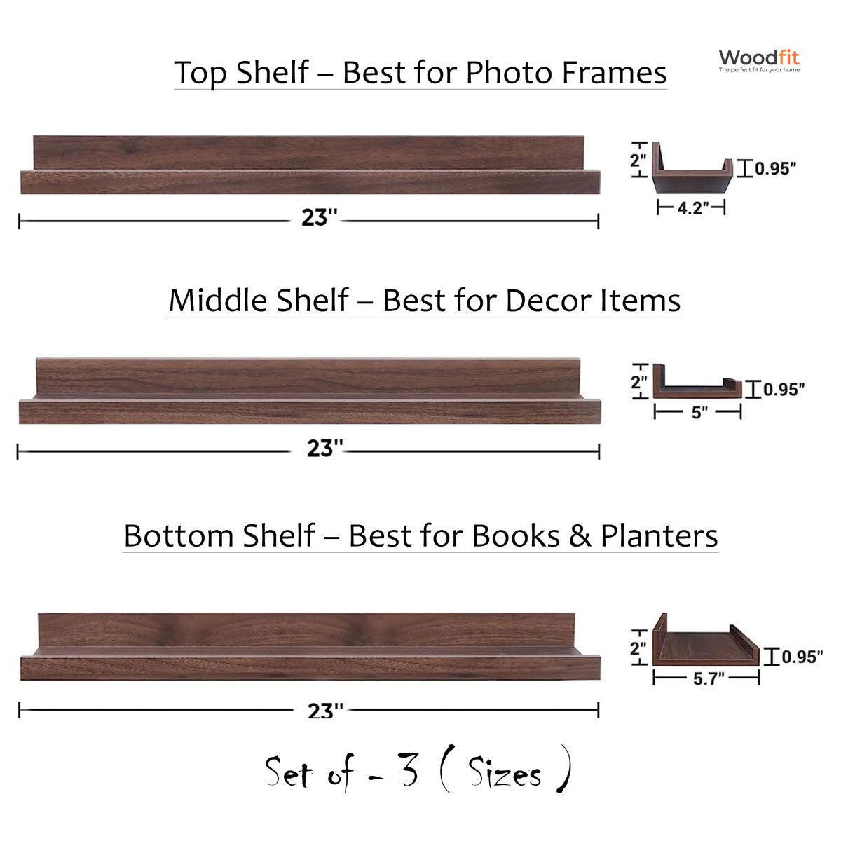 The Stage Trio Solid Sheesham Wood Floating Wall Shelves Set of 3