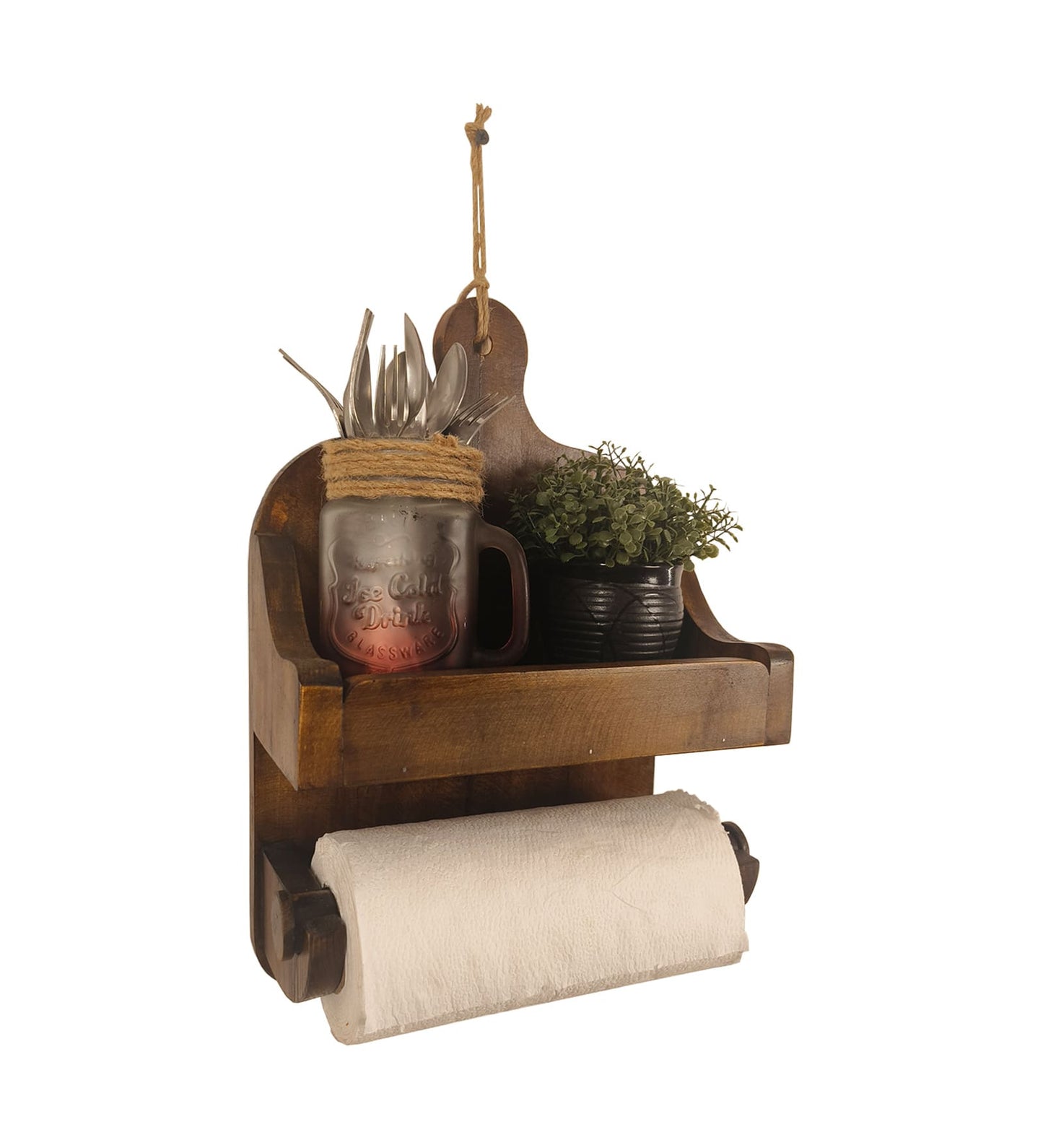 Bright Wooden Wall Shelf Organiser with Kitchen Roll Holder