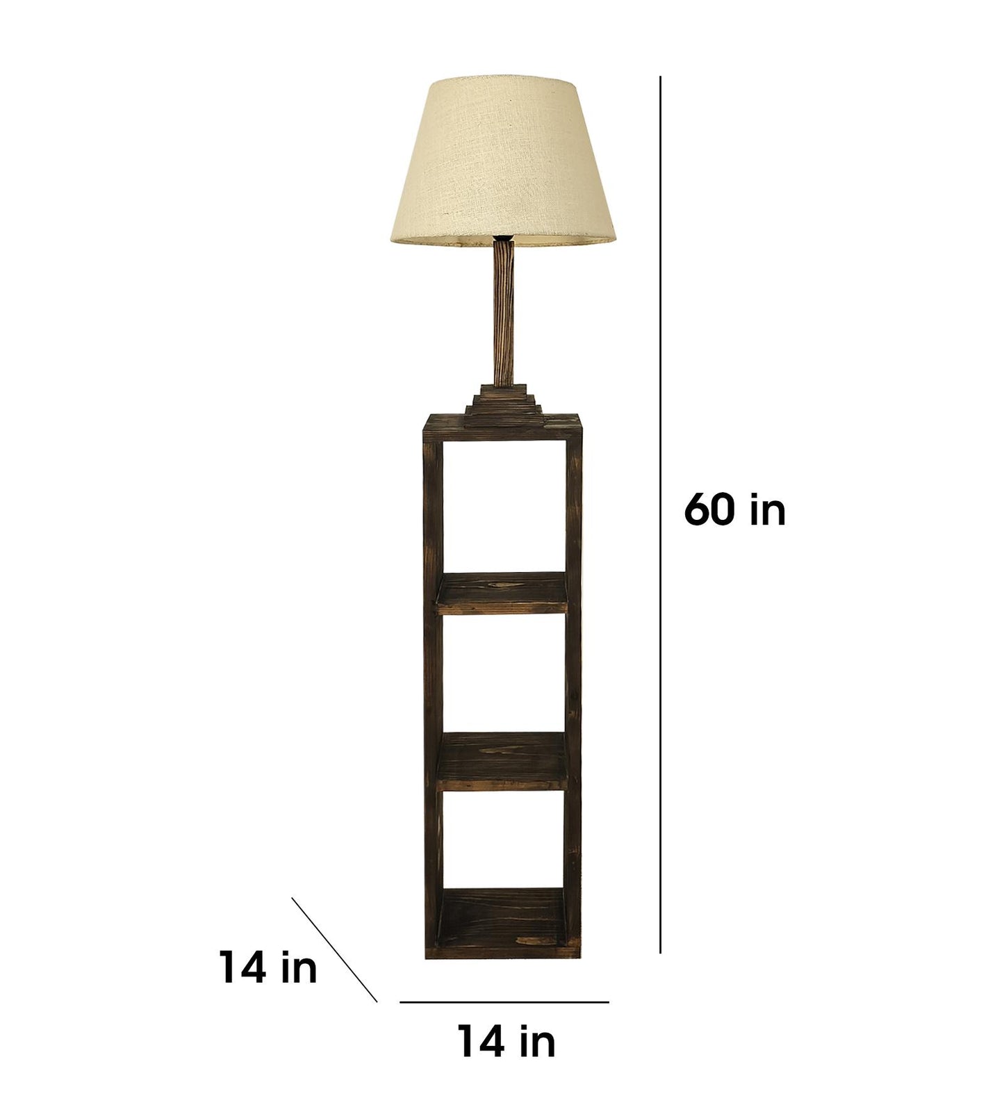 Sing Wooden Floor Lamp with Shelves, Brown Base and Jute Fabric Lampshade