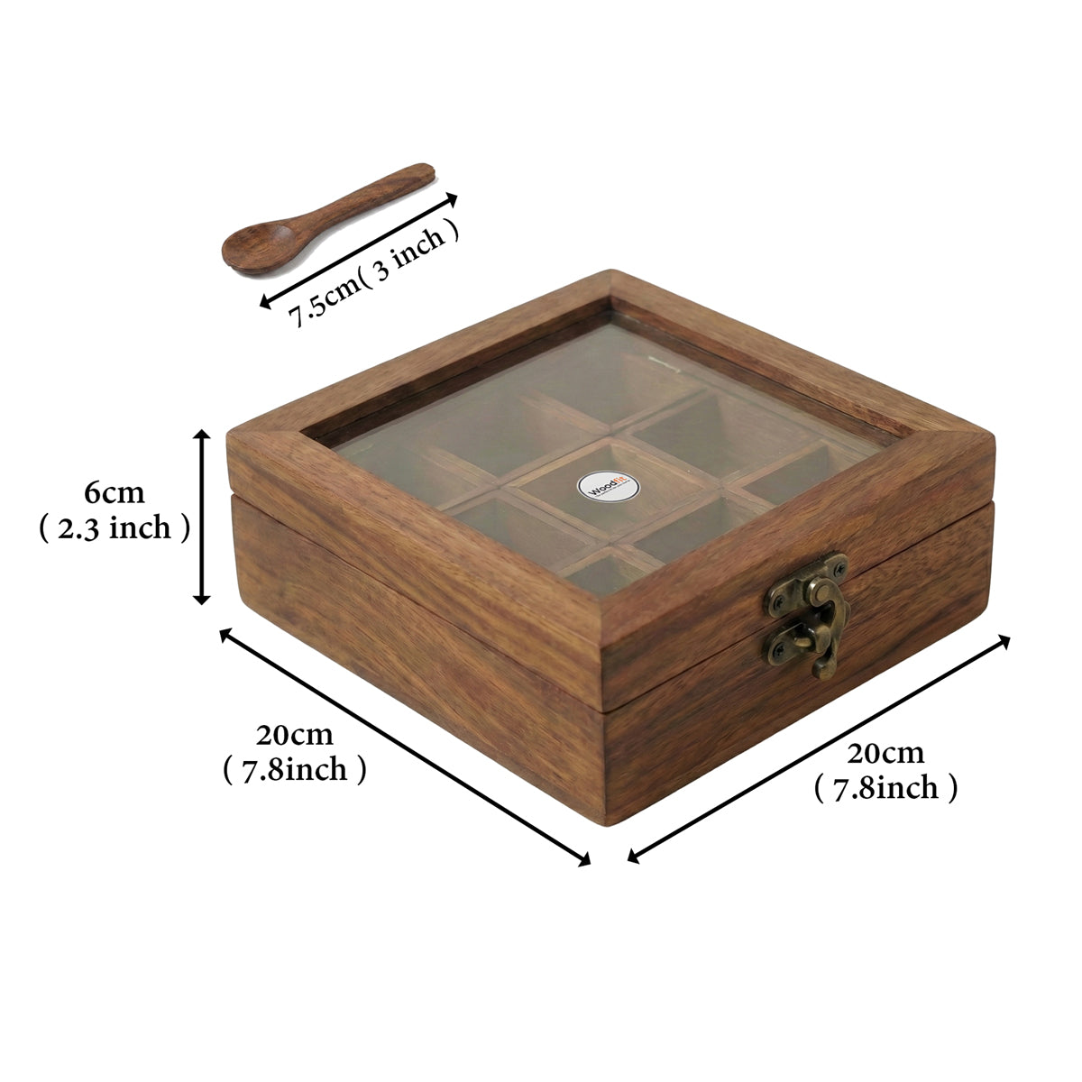 Woodfit Premium Square 9-Compartment Solid Sheesham Wood Masala Box with Glass Top and Wooden Spoon