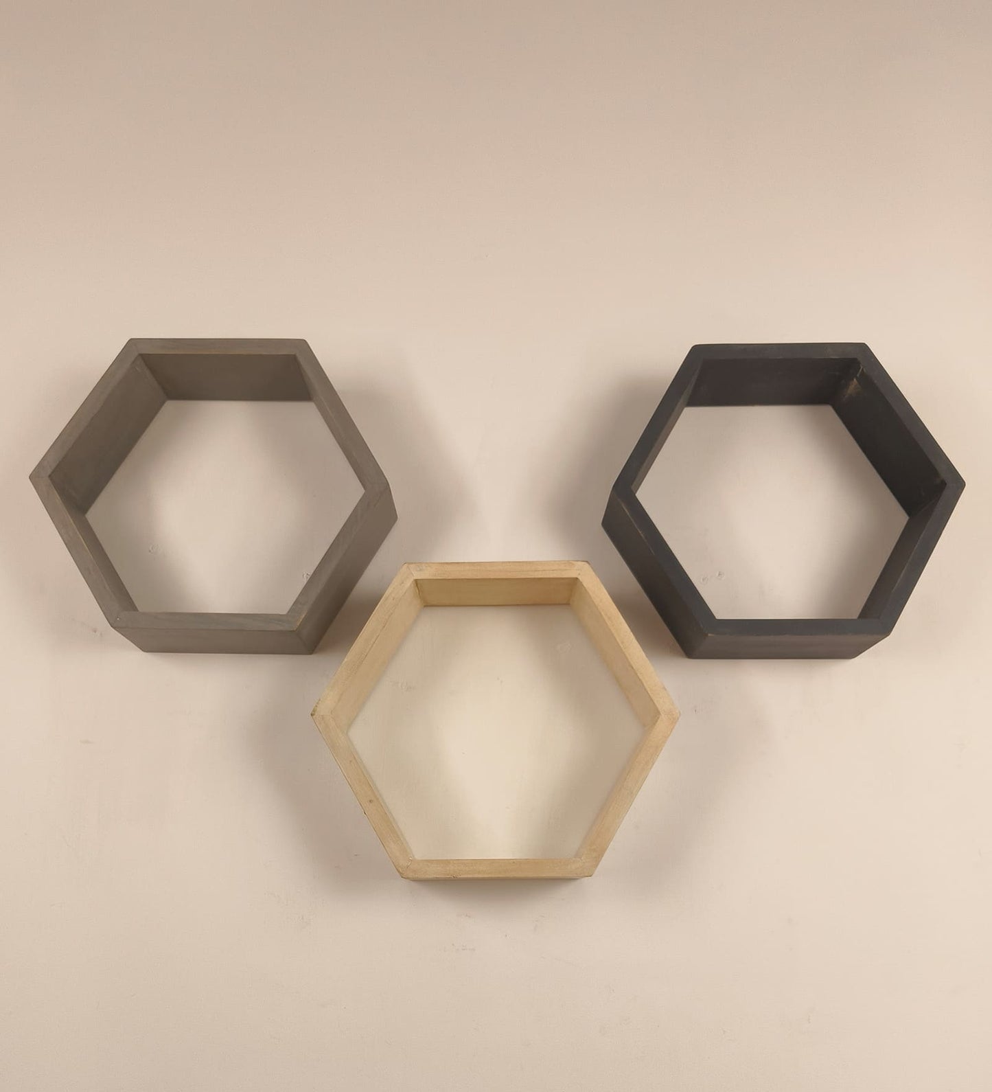 Flame Hexagonal Shaped Set of 3 Wooden Wall Shelves