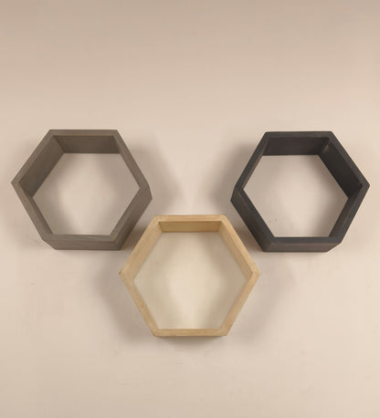 Flame Hexagonal Shaped Set of 3 Wooden Wall Shelves