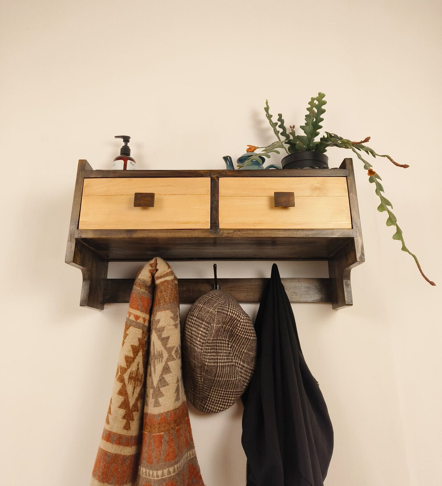 Lust OAK Wooden Wall Shelf with Drawers & Key Holders