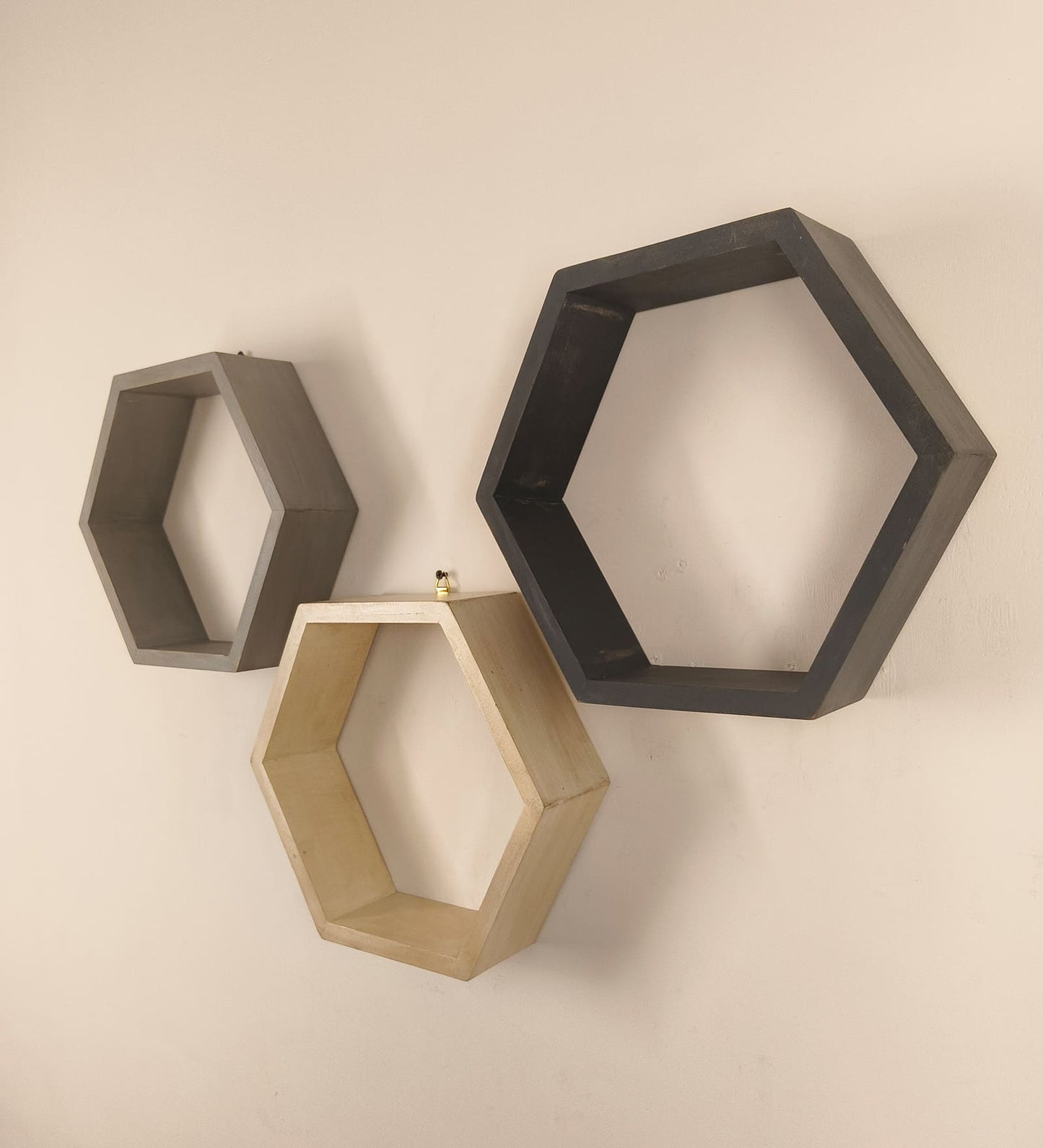 Flame Hexagonal Shaped Set of 3 Wooden Wall Shelves