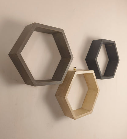 Flame Hexagonal Shaped Set of 3 Wooden Wall Shelves