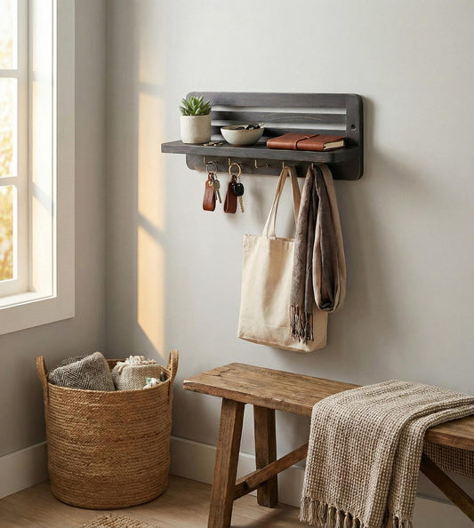 Joy Wooden Wall Shelf Organiser with Key Holders