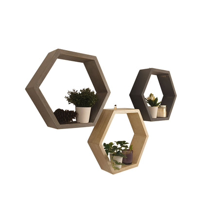 Flame Hexagonal Shaped Set of 3 Wooden Wall Shelves