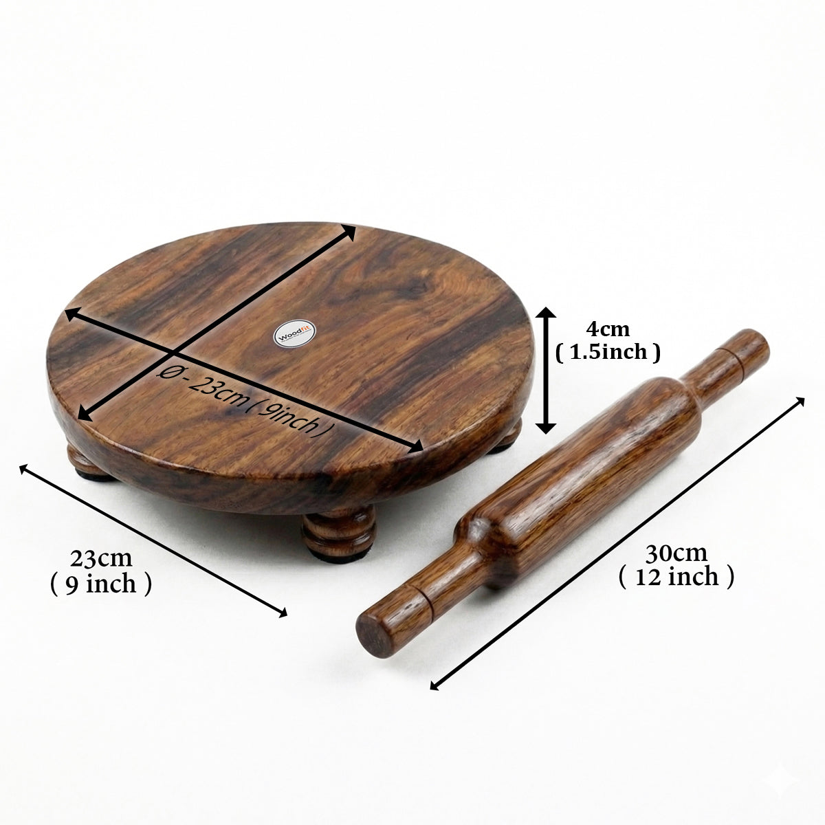 Woodfit Premium Handcrafted Solid Sheesham Wood Chakla Belan Set (9-inch Diameter)