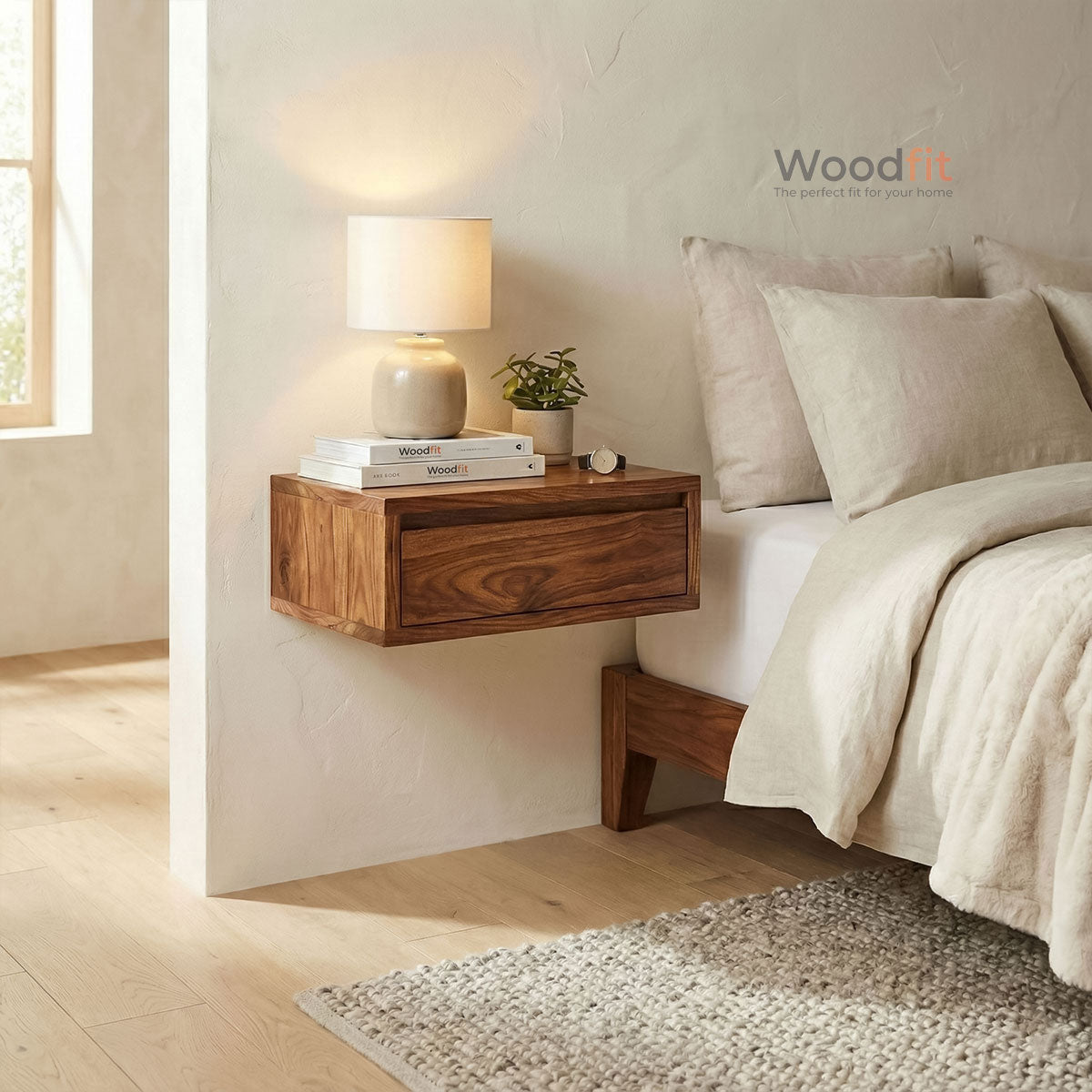 Solo Wall Solid Sheesham Wood Floating Bedside Table