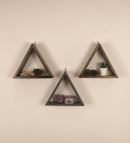 Slate Triangular Set of 3 Wooden Wall Shelves