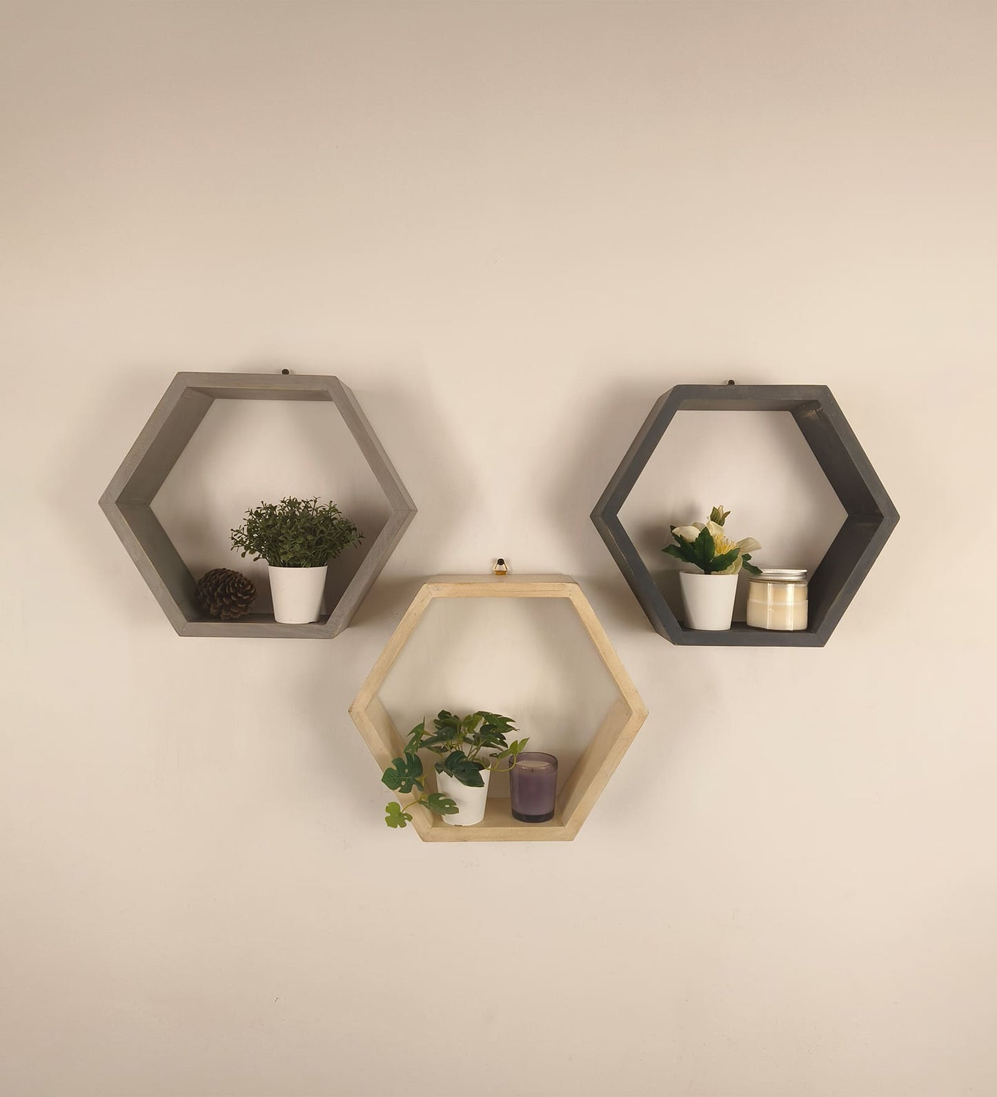 Flame Hexagonal Shaped Set of 3 Wooden Wall Shelves