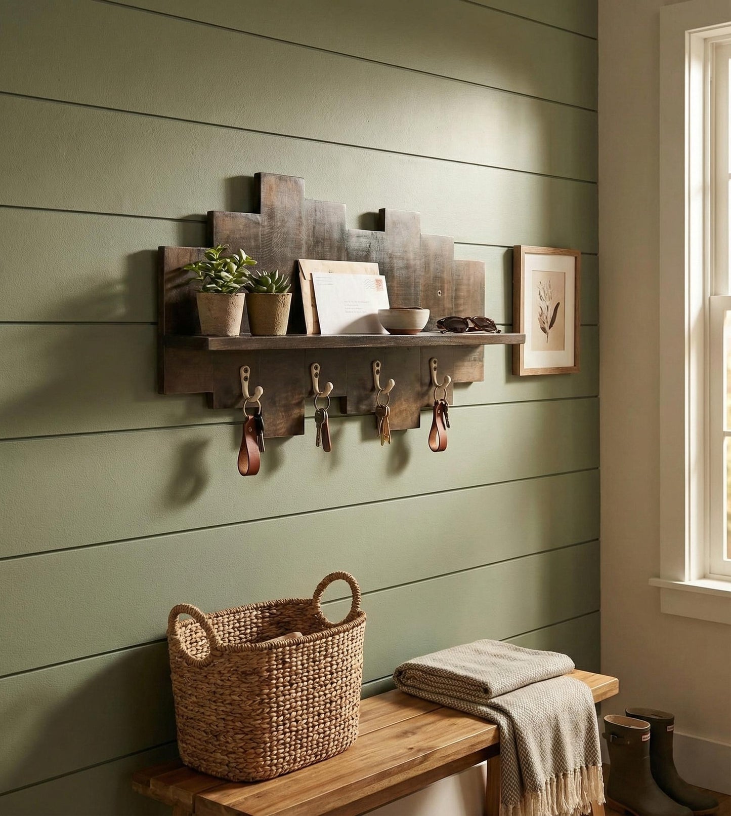 Grove Wooden Wall Shelf Organiser with Key Holders