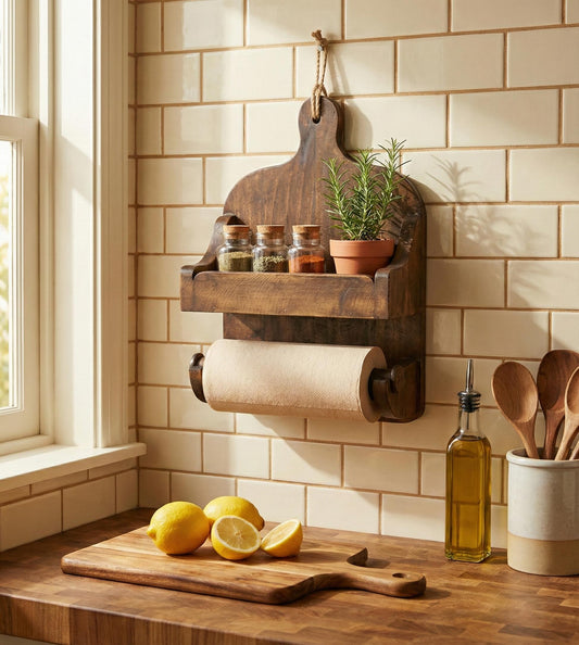Bright Wooden Wall Shelf Organiser with Kitchen Roll Holder