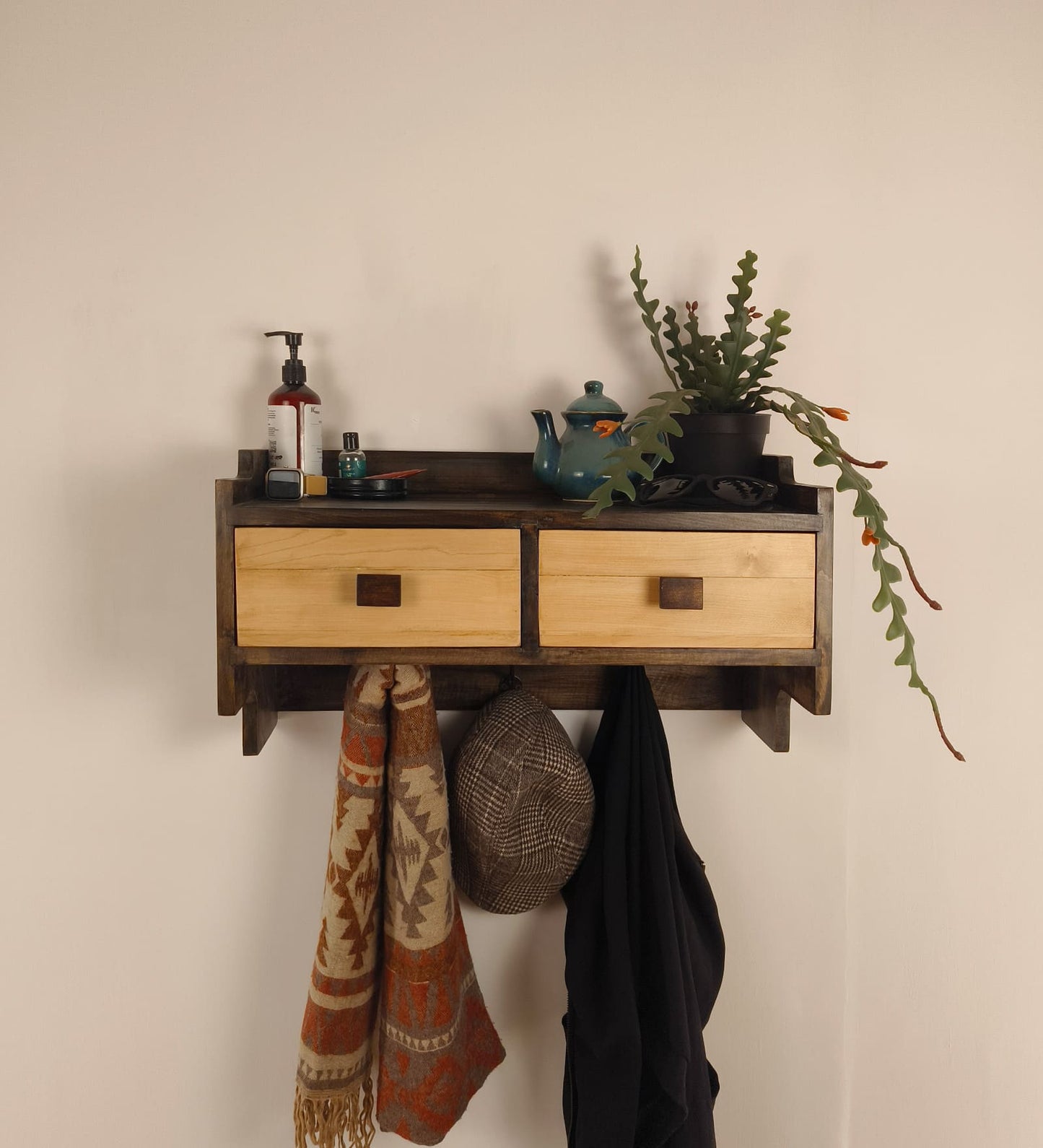 Lust OAK Wooden Wall Shelf with Drawers & Key Holders