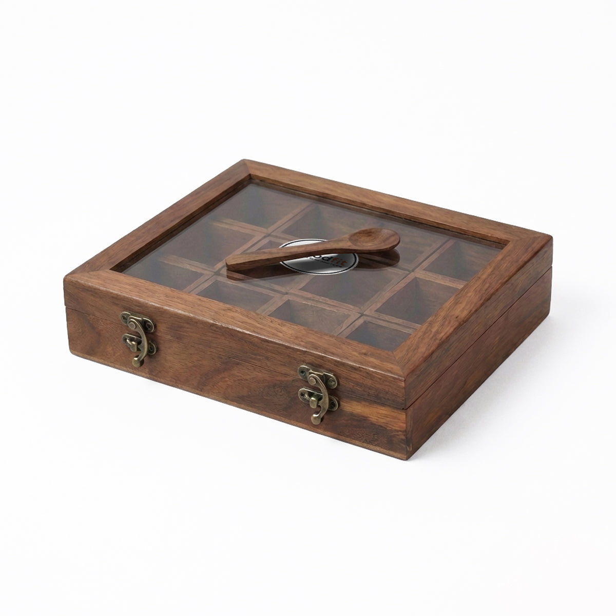 Woodfit Grand 12-Compartment Solid Sheesham Wood Masala Box with Glass Top and Wooden Spoon