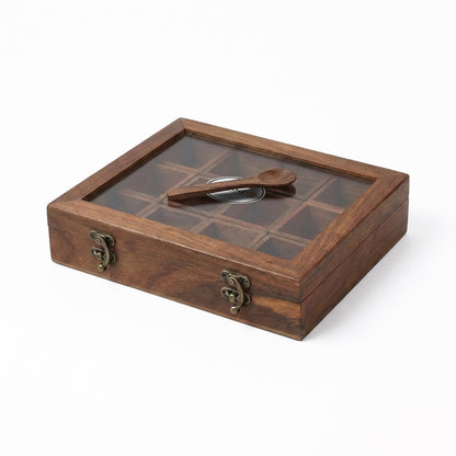Woodfit Grand 12-Compartment Solid Sheesham Wood Masala Box with Glass Top and Wooden Spoon