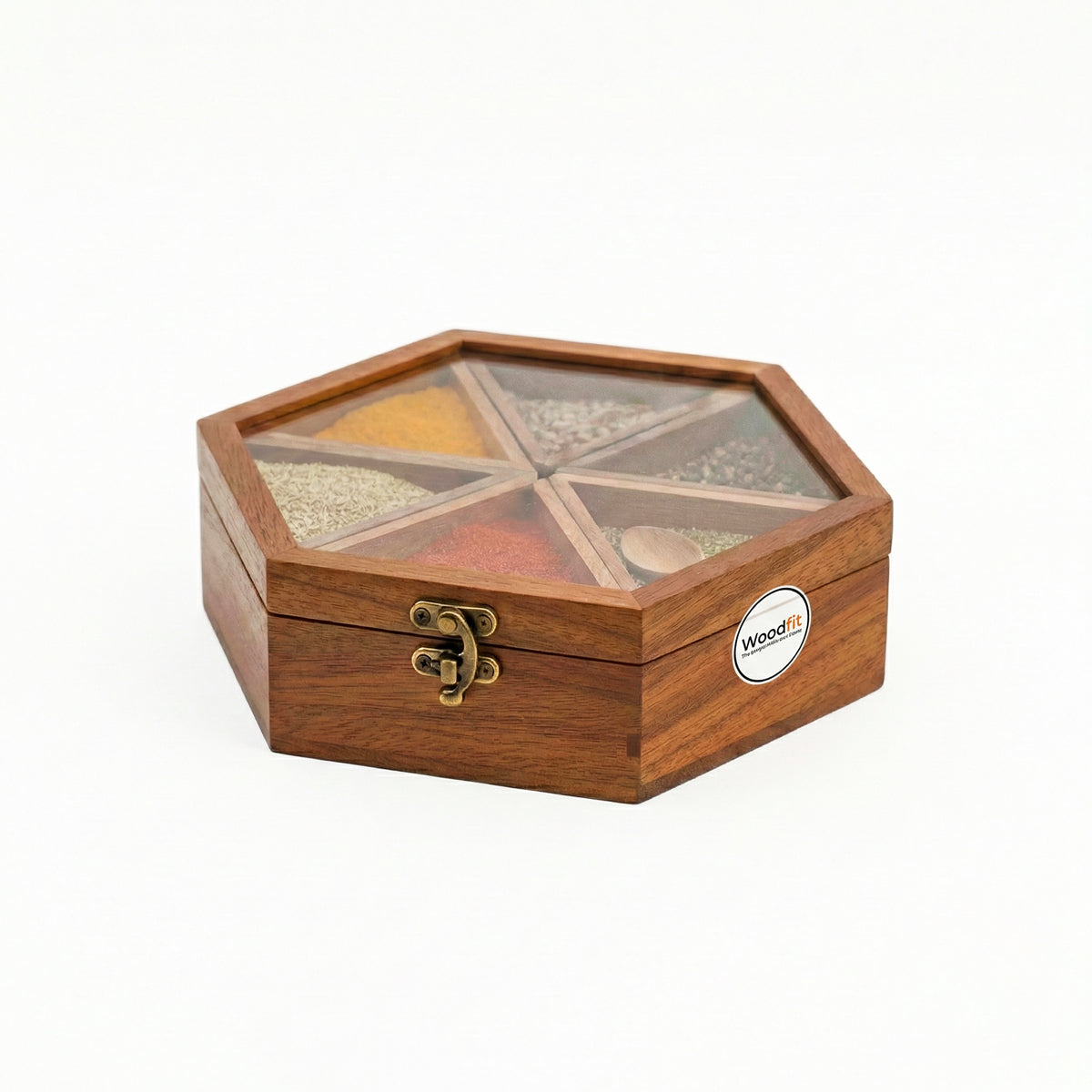 Woodfit Hexagonal Handcrafted Solid Sheesham Wood Masala Box with Glass Top and Brass Latch