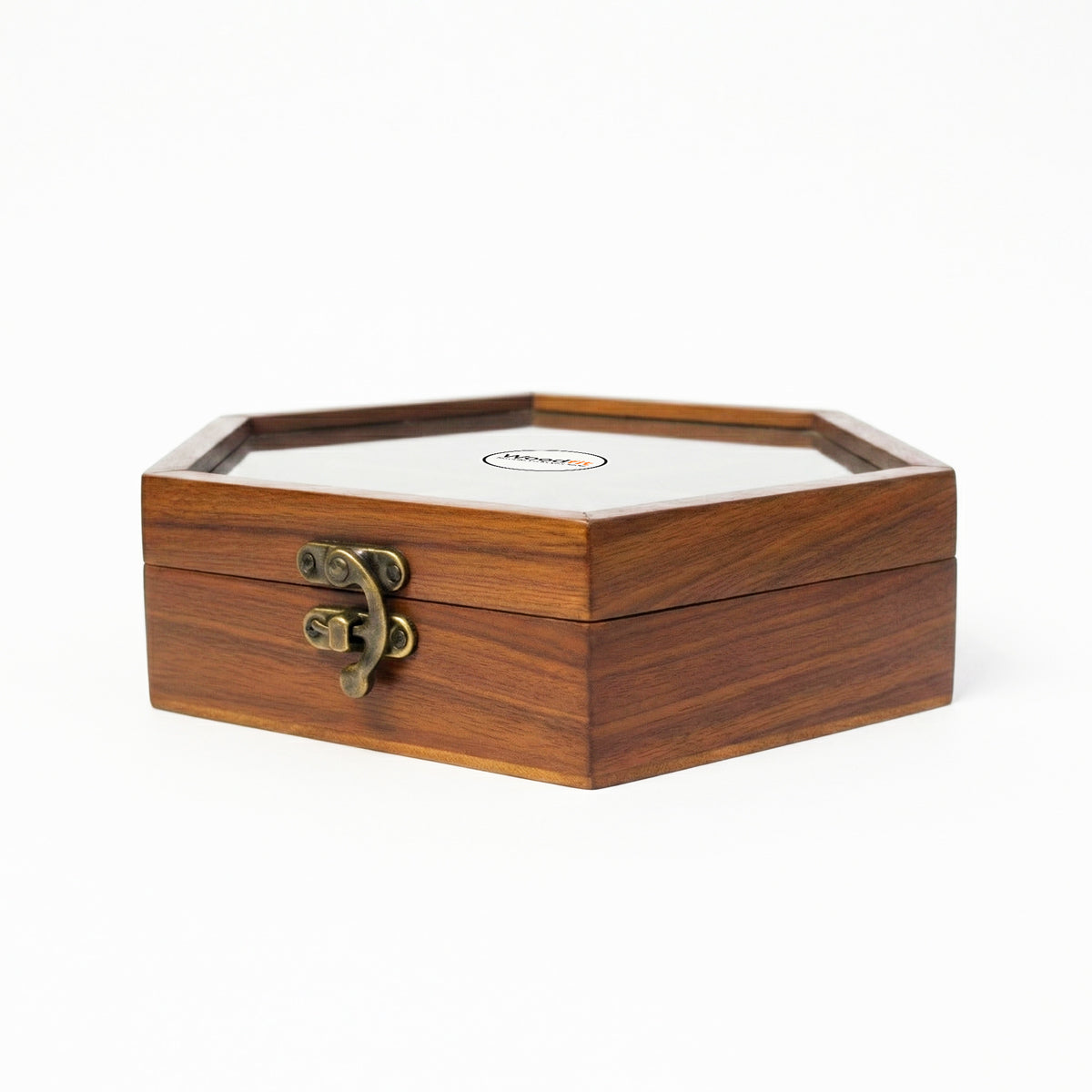 Woodfit Hexagonal Handcrafted Solid Sheesham Wood Masala Box with Glass Top and Brass Latch