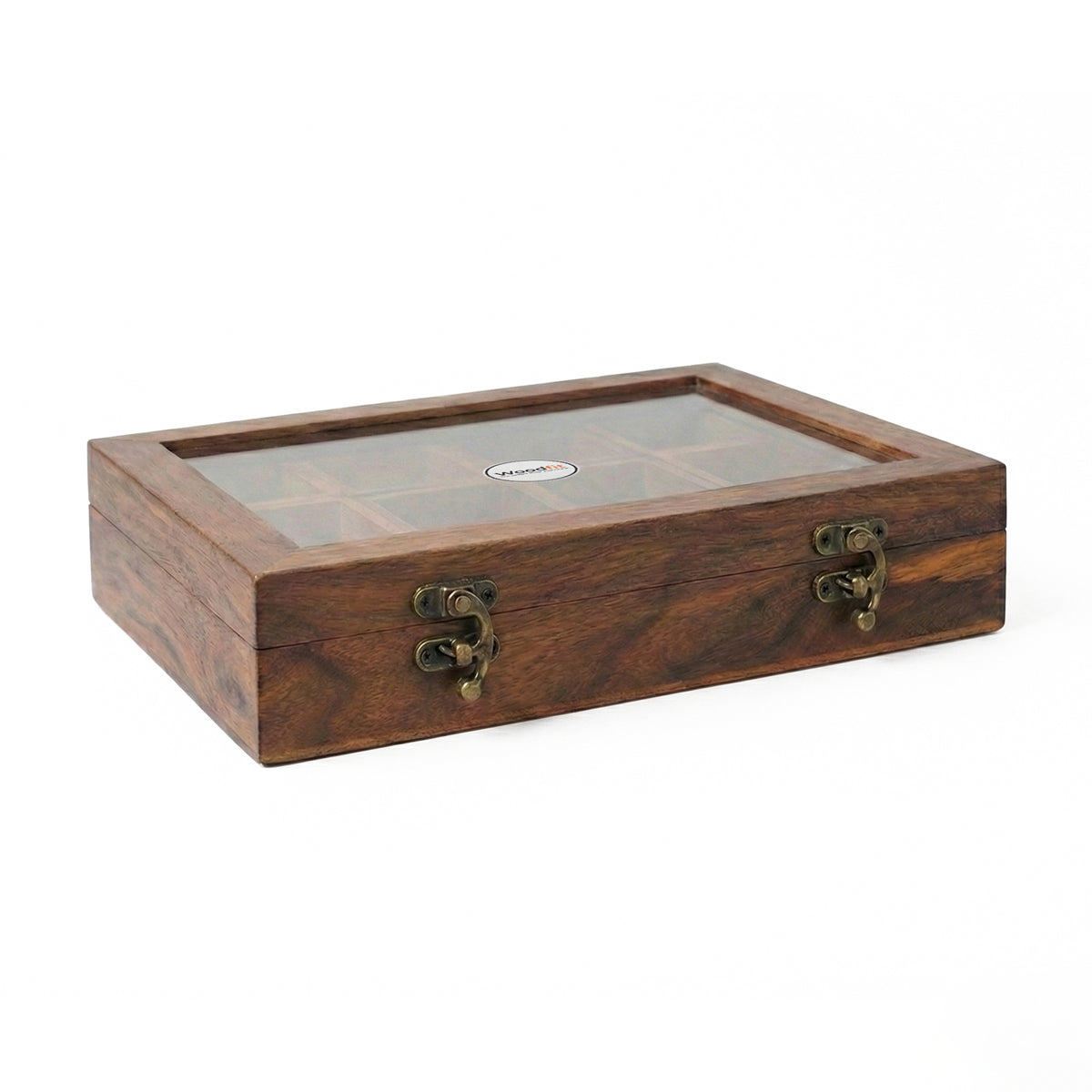 Woodfit Grand 12-Compartment Solid Sheesham Wood Masala Box with Glass Top and Wooden Spoon