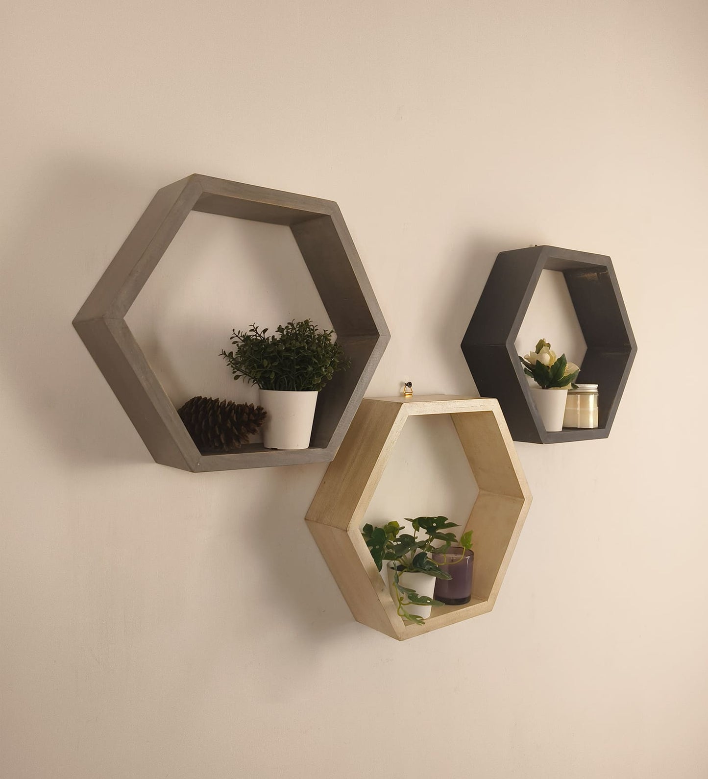Flame Hexagonal Shaped Set of 3 Wooden Wall Shelves