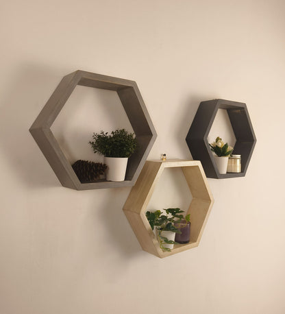Flame Hexagonal Shaped Set of 3 Wooden Wall Shelves