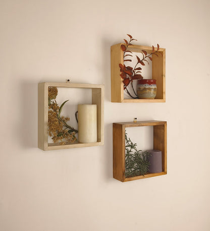 Bold Rectangular Shaped Set of 3 Wooden Wall Shelves
