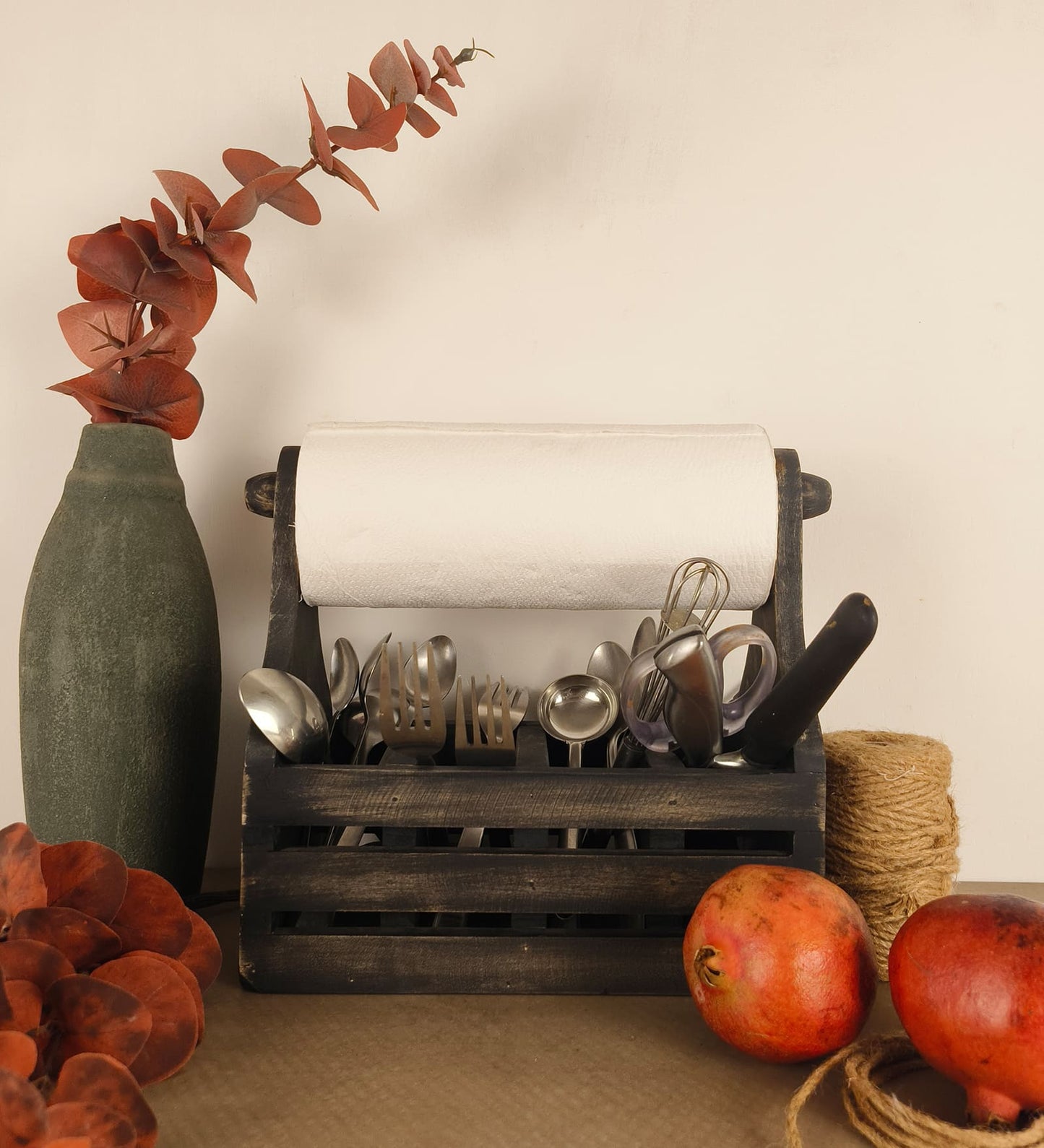 Birch Wooden Kitchen Roll Holder and Cutlery Holder