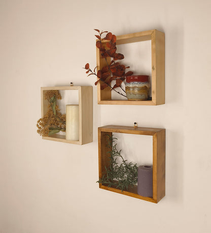 Bold Rectangular Shaped Set of 3 Wooden Wall Shelves