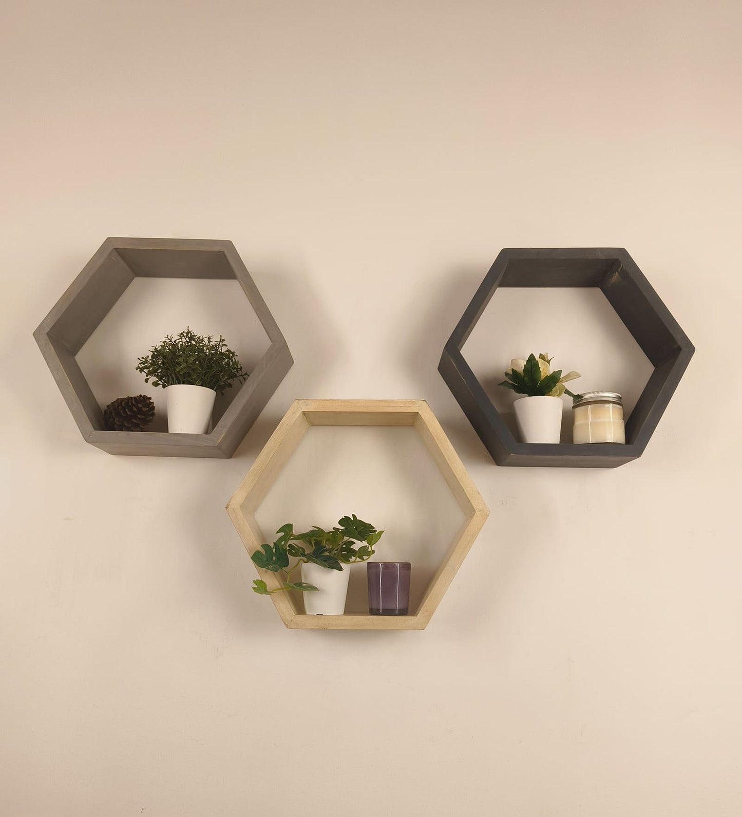 Flame Hexagonal Shaped Set of 3 Wooden Wall Shelves