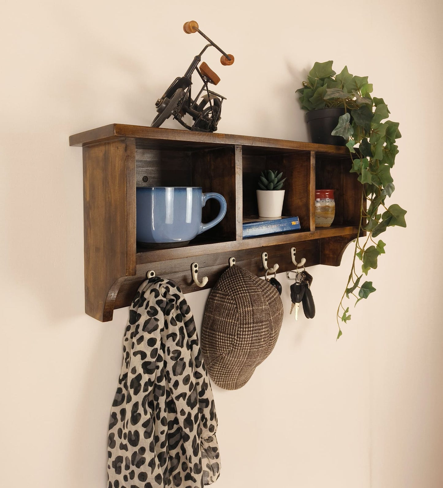 Go Wooden Wall Shelf Organiser with Key Holders