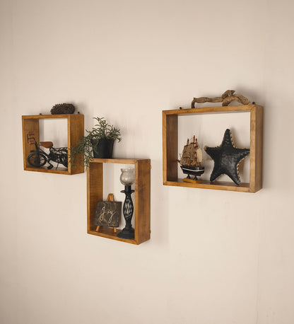 Low Rectangular Shaped Set of 3 Wooden Wall Shelves