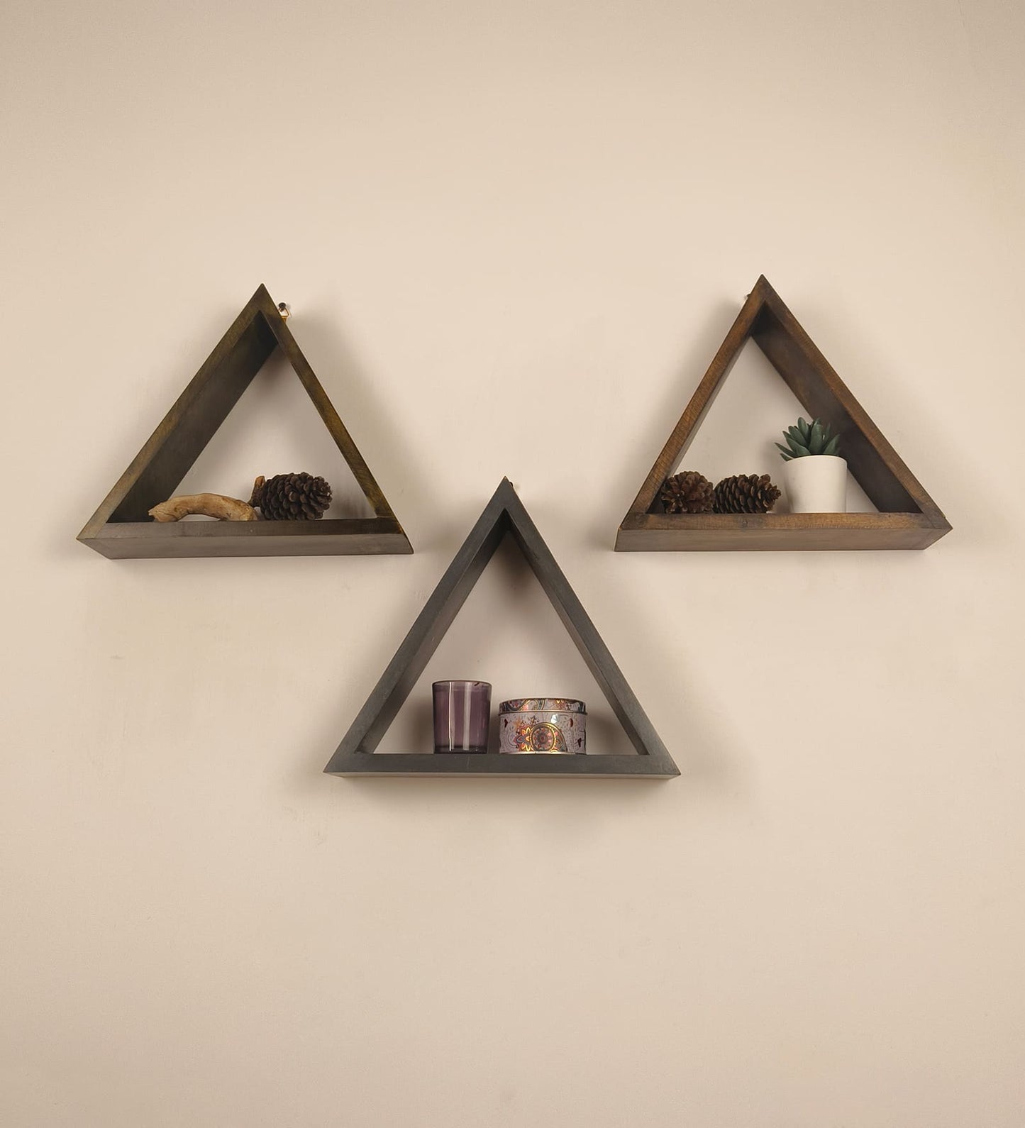 Slate Triangular Set of 3 Wooden Wall Shelves