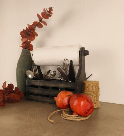 Birch Wooden Kitchen Roll Holder and Cutlery Holder