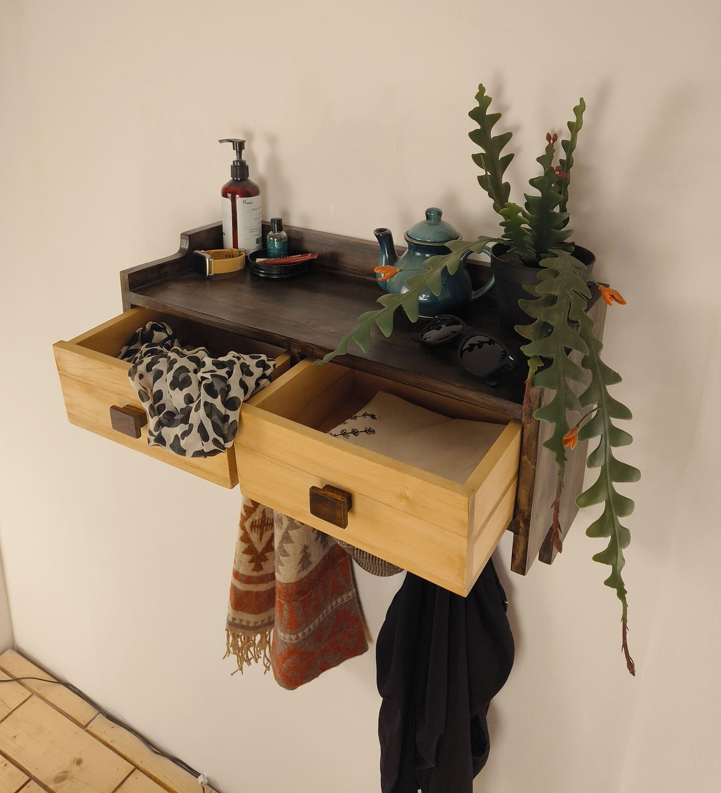 Lust OAK Wooden Wall Shelf with Drawers & Key Holders