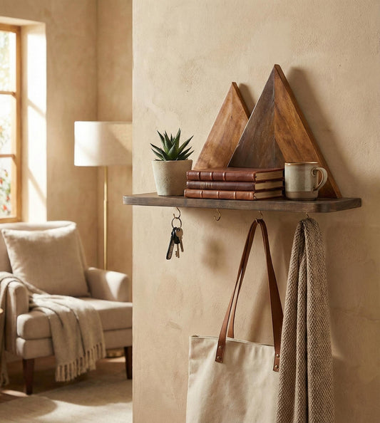 Small Wooden Wall Shelf Organiser with Key Holders