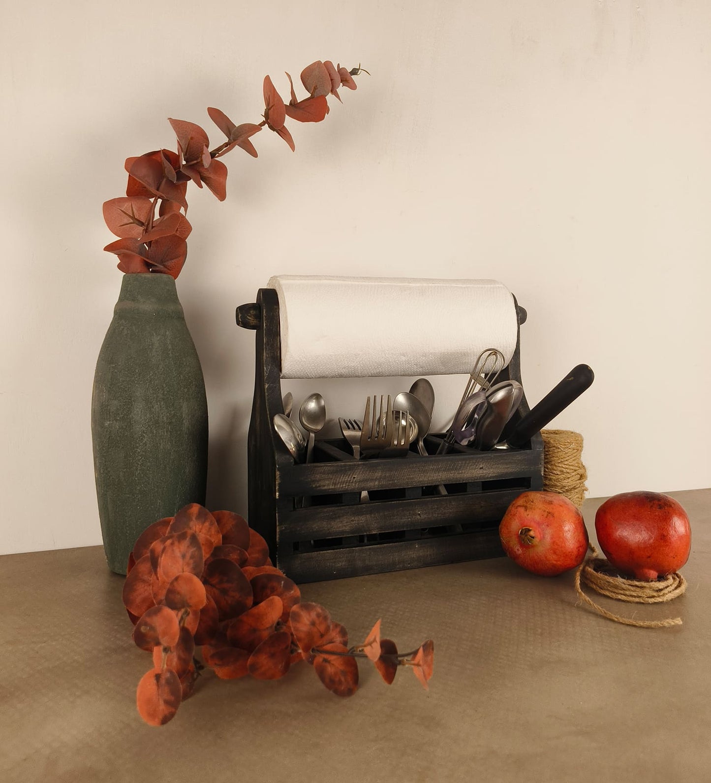 Birch Wooden Kitchen Roll Holder and Cutlery Holder