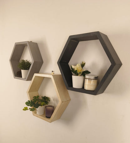 Flame Hexagonal Shaped Set of 3 Wooden Wall Shelves