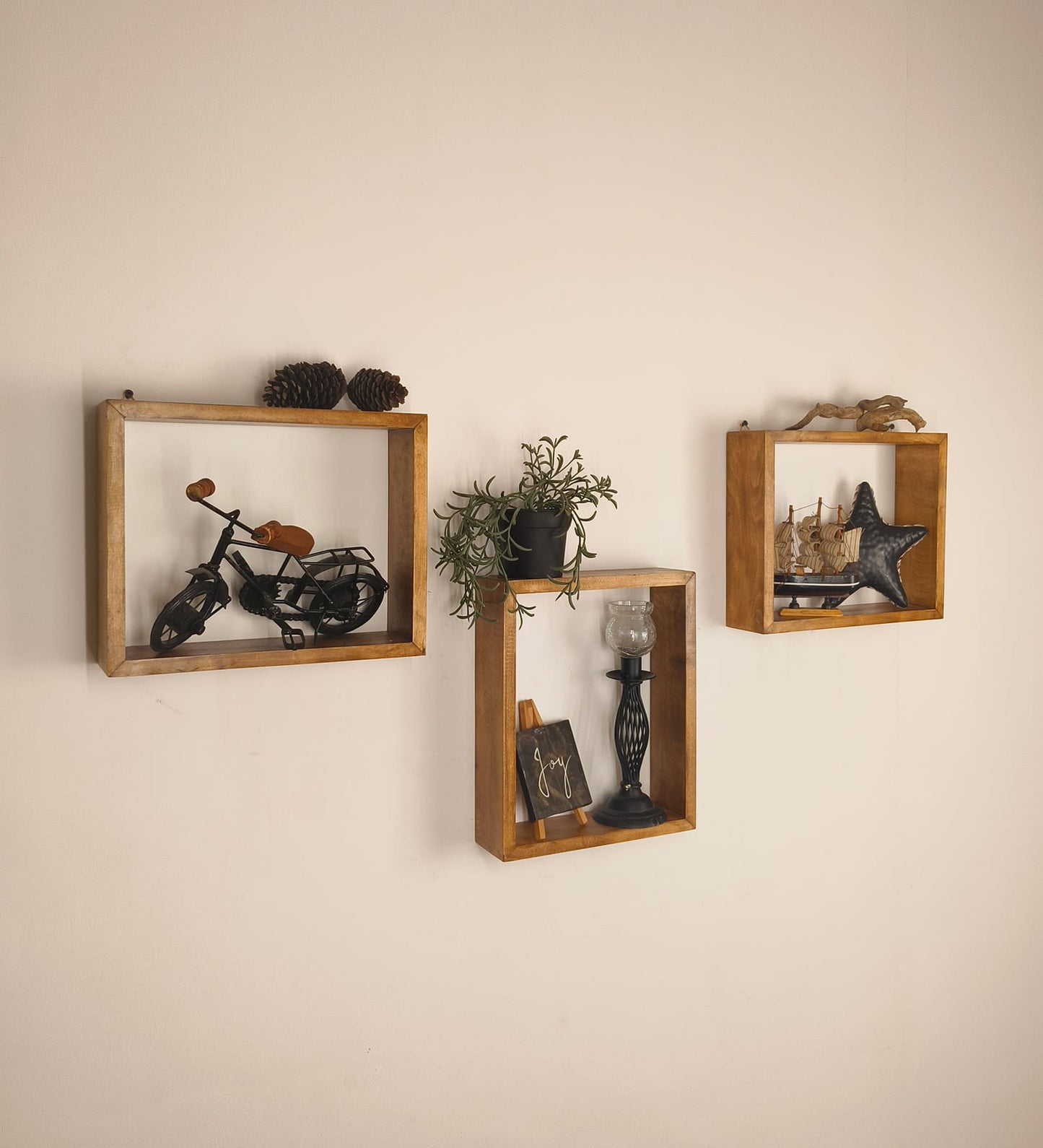 Low Rectangular Shaped Set of 3 Wooden Wall Shelves