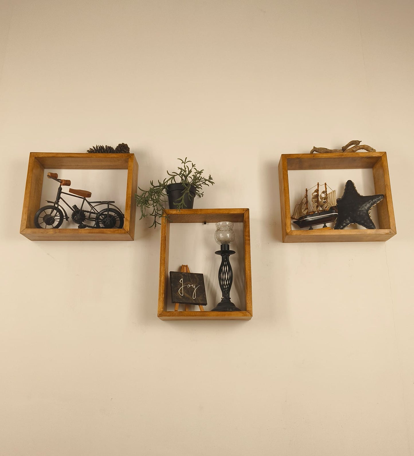 Low Rectangular Shaped Set of 3 Wooden Wall Shelves