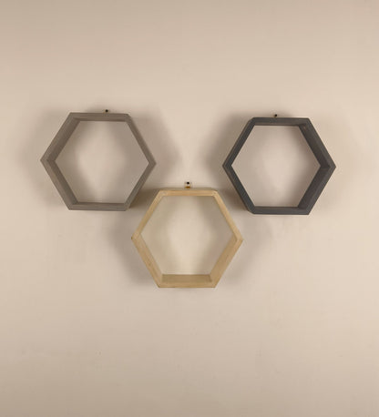 Flame Hexagonal Shaped Set of 3 Wooden Wall Shelves