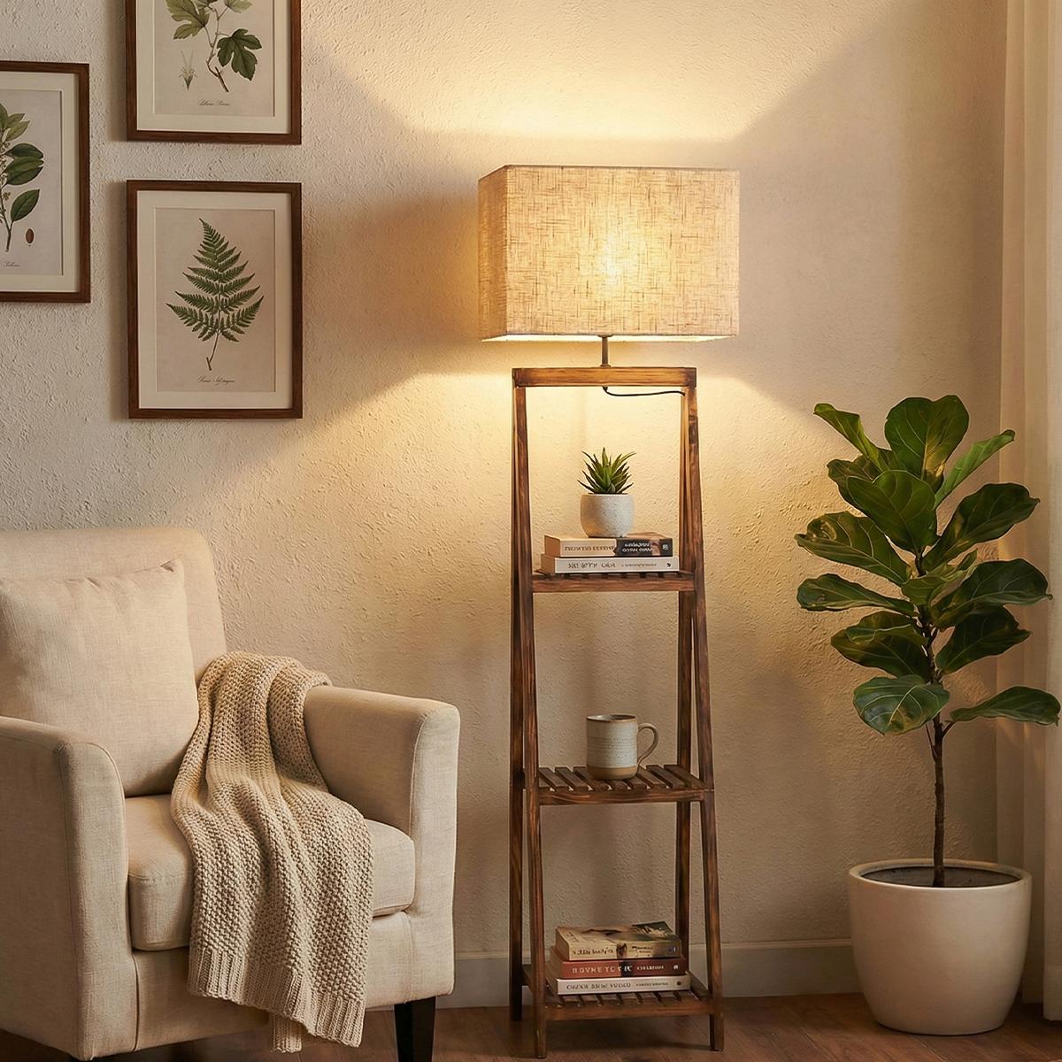 Cold Wooden Floor Lamp with Brown Base and Jute Fabric Lampshade