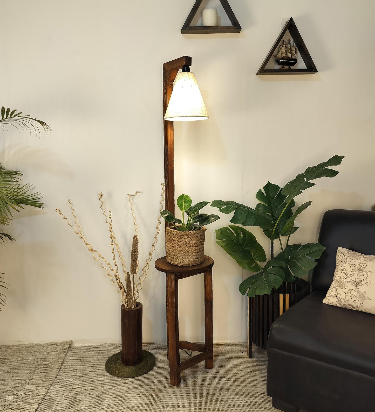 Tree Wooden Floor Lamp with Brown Base and Beige Fabric Lampshade