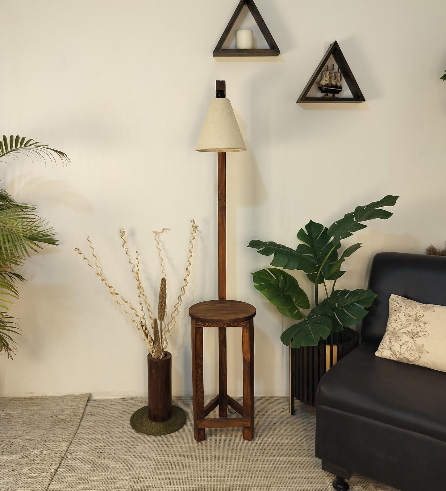 Tree Wooden Floor Lamp with Brown Base and Beige Fabric Lampshade