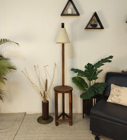 Tree Wooden Floor Lamp with Brown Base and Beige Fabric Lampshade