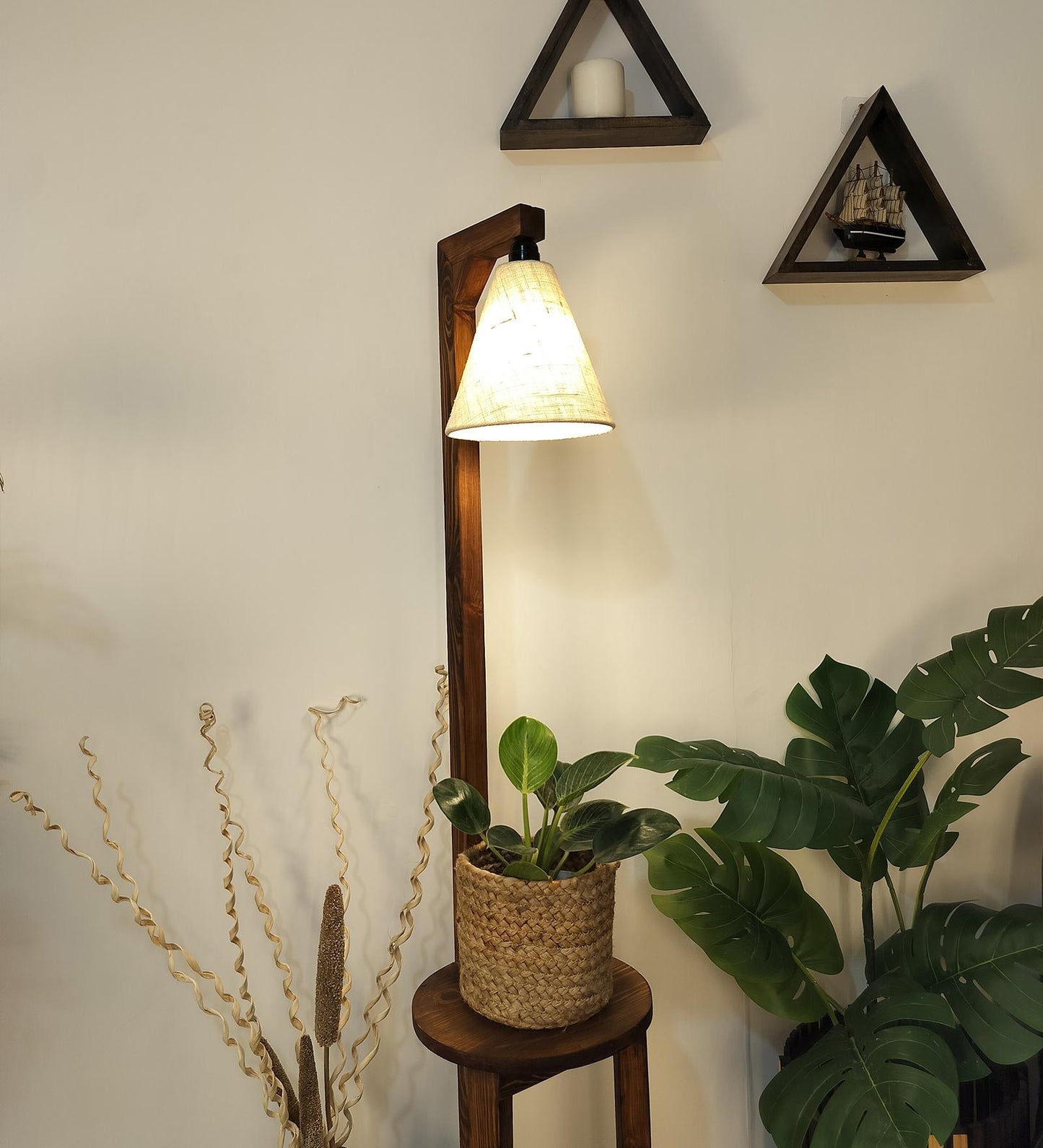 Tree Wooden Floor Lamp with Brown Base and Beige Fabric Lampshade