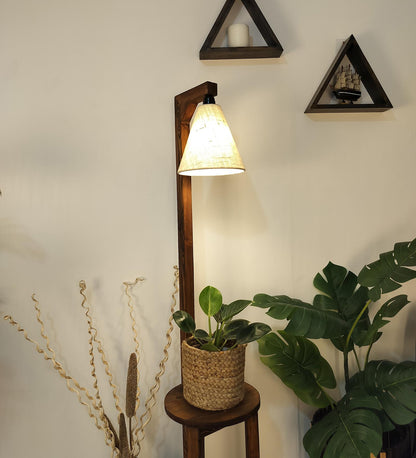 Tree Wooden Floor Lamp with Brown Base and Beige Fabric Lampshade