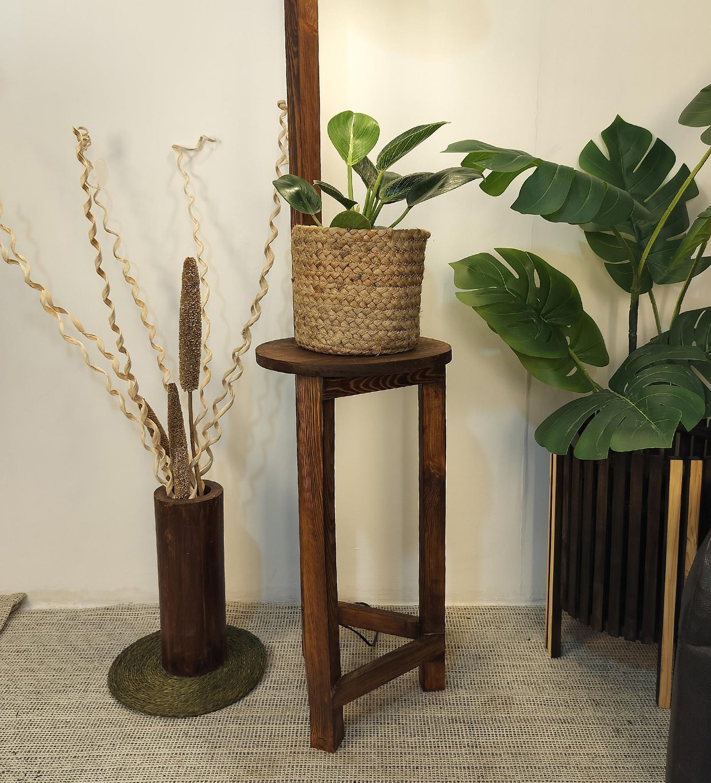Tree Wooden Floor Lamp with Brown Base and Beige Fabric Lampshade