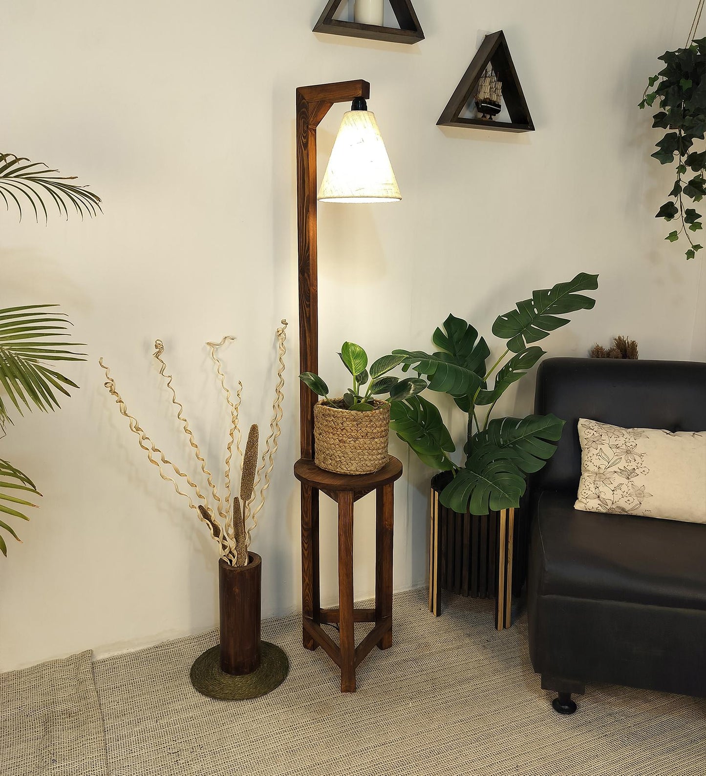 Tree Wooden Floor Lamp with Brown Base and Beige Fabric Lampshade
