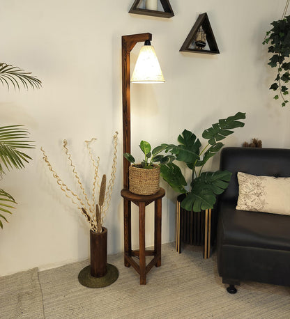 Tree Wooden Floor Lamp with Brown Base and Beige Fabric Lampshade