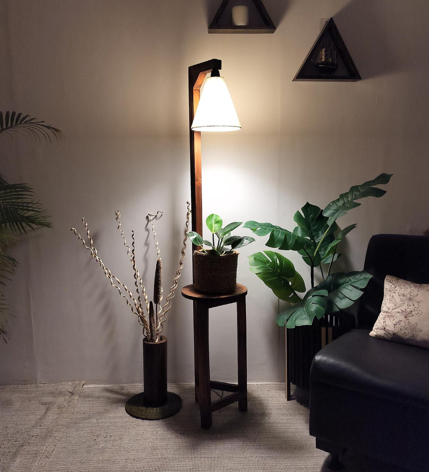 Tree Wooden Floor Lamp with Brown Base and Beige Fabric Lampshade
